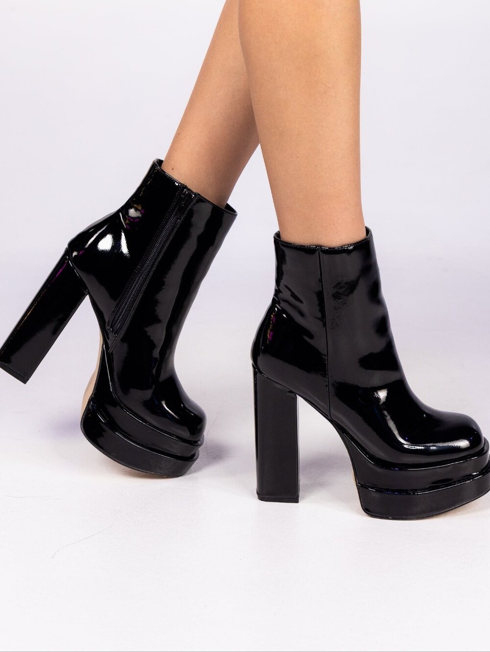 Wild Diva Black Patent Platform Block Heel Ankle Boots